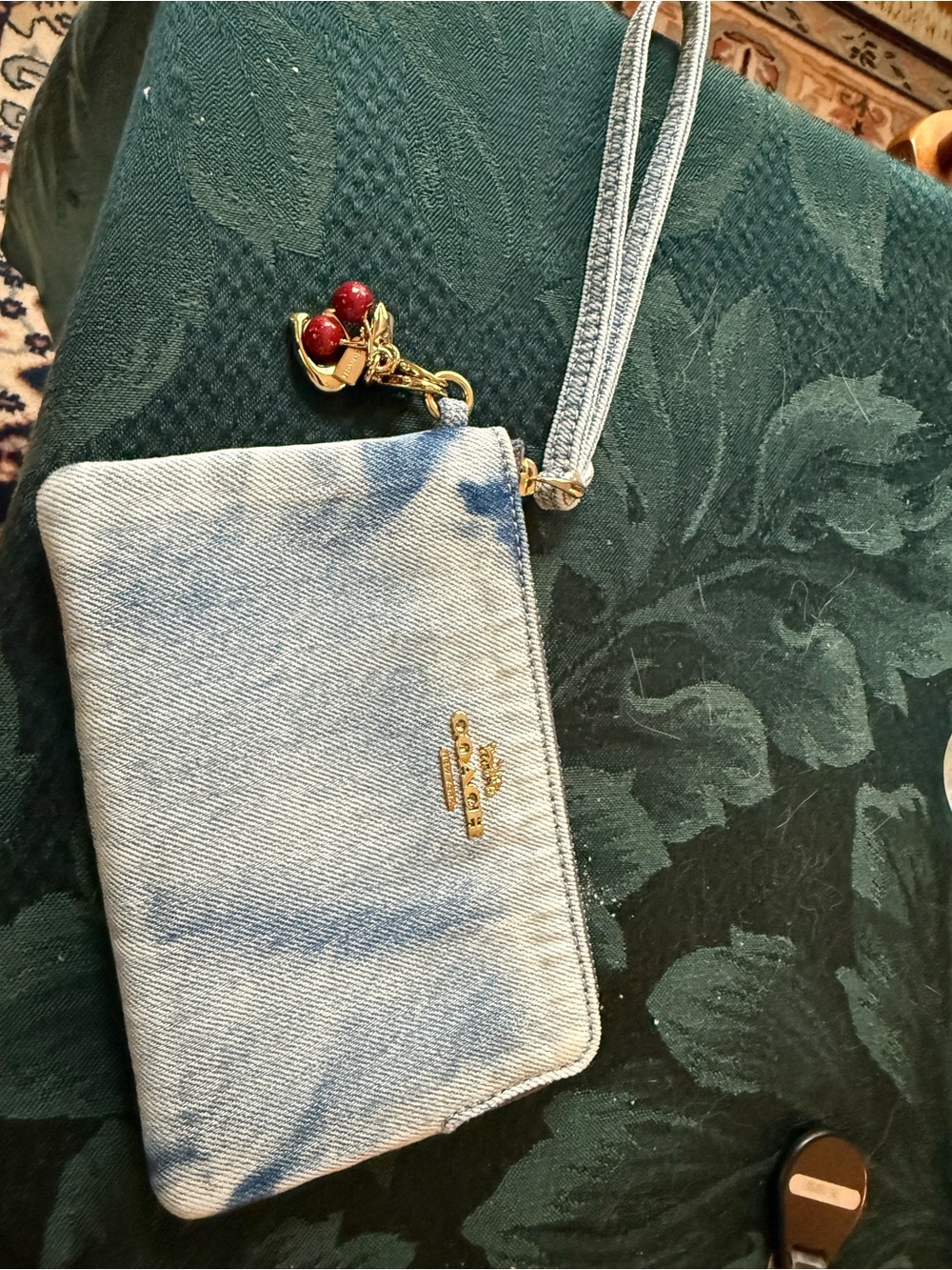Coach Denim Wristlet with Cherry Charm new without tag